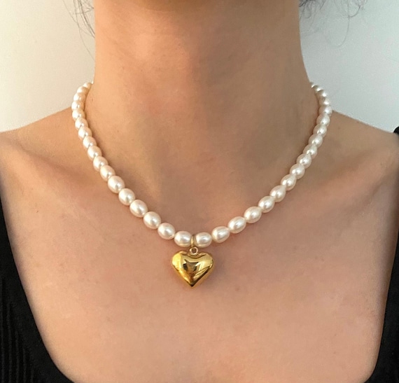 Gold Vermeil Heart Pendant: Freshwater Pearl Necklace - Etsy Gold Vermeil Heart Pendant: Freshwater Pearl Necklace - Etsy