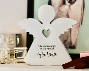 Personalised Guardian Angel - Freestanding White Wooden Ornament - Christening Gift - God Child Gift - Baptism - Angel Plaque - In Memory Of
