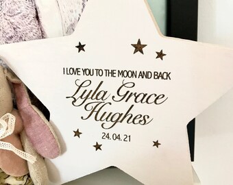 New Baby Gift - Personalised Wooden Star - Newborn Gift -  Keepsake - Engraved Freestanding Star - Bespoke - First Christmas