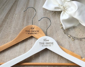 Pair of Personalised Wedding Hangers - Bride & Groom - Wedding Dress - Grooms Suit Hanger - Engraved - Wedding Party Hanger - Mr and Mrs