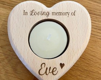 Heart shaped solid beechwood candle holder - In loving memory of - Tealight stand - Personalised message - Remembering a loved one