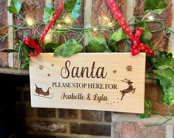 Personalised Santa Stop Here Sign - Father Christmas stop here - Customised Wooden Christmas hanging sign - Christmas decor - Handmade
