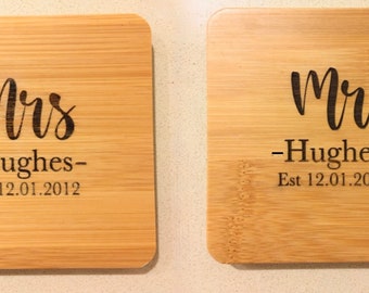 Personalised Mr and Mrs Bamboo Coaster Drinks Mat  - His and Hers - Wedding Gift - First Christmas Married - Sustainable