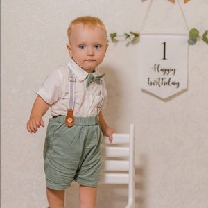 Baby Boy Wedding Outfit Sage Green 3 months to 6 Years Old Shirt Shorts Braces and Bow Tie