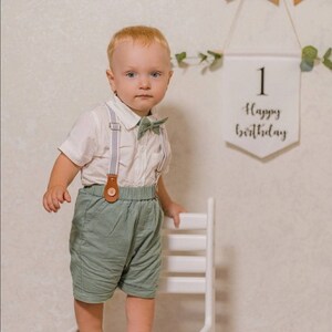 Baby Boy Wedding Outfit Sage Green 3 months to 6 Years Old Shirt Shorts Braces and Bow Tie