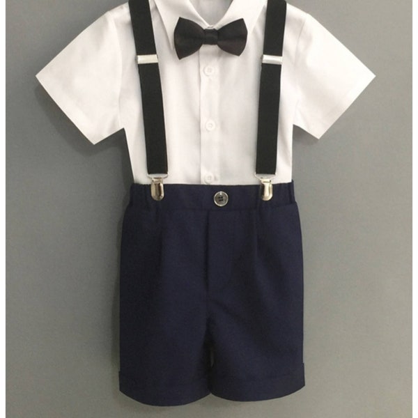 Baby Boy Wedding Outfit Navy Blue 12 months and 6 years old Shirt Shorts Suspenders Strap and Bow Tie