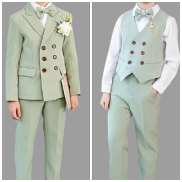 Completo da matrimonio per ragazzo verde salvia da 3 a 15 anni Set da 3 a 5 pezzi: camicia, pantaloni, gilet, giacca e papillon