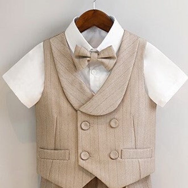 Baby Boy Formal Outfit Plaid Beige Taupe 12 months to 12 years old 4 Set including Shirt, Bow Tie, Shorts and Vest
