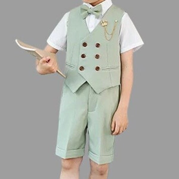 Boys Sage Green Suit Wedding Summer 3 Years Old to 15 Years Old 4 Pieces Set including Shirt Bow Tie Shorts Waistcoat