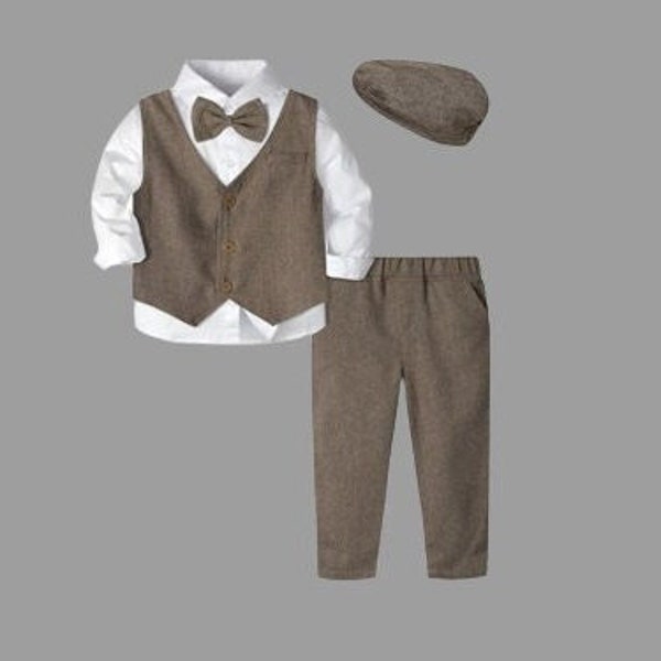 Baby Boy Peaky Blinders Boy Outfit Khaki Brown 12 months to 5 years old Long Sleeve Shirt Trousers Vest Flat Cap