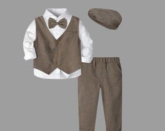 Baby Boy Peaky Blinders Boy Outfit Khaki Brown 12 months to 5 years old Long Sleeve Shirt Trousers Vest Flat Cap