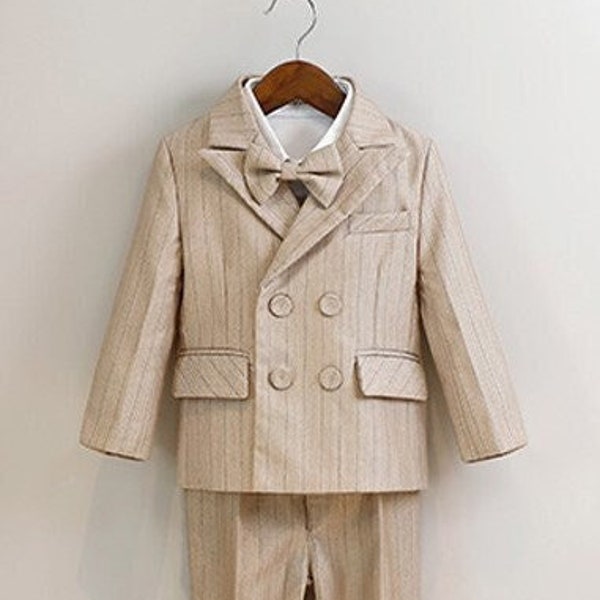 Baby Boy Formal Outfit Plaid Beige Taupe 12 months to 12 years old 5 Set including  Blazer Coat, Shirt, Bow Tie, Trousers and Vest