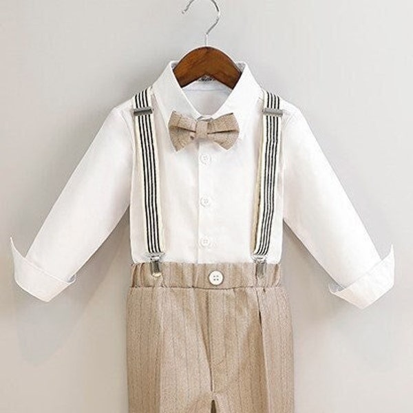 Baby Boy Formal Outfit Plaid Beige Taupe 12 months to 12 years old 4 Set including Trousers Shirt Strap Bow Tie