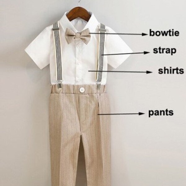 Baby Boy Formal Outfit Plaid Beige Taupe 12 months to 12 years old 4 Set including Trousers Short Sleeve Shirt Strap Bow Tie