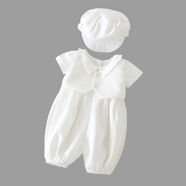 Baby Boy Christening Outfit Romper Vest and Beret Hat White 3 months to 24 months
