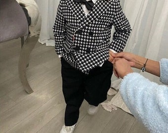 Baby Boy Wedding Outfit Black Checked 12 months to 12 Years Old Clothes 4 Pieces Set Blazer,  Trousers Shirt and  Bow Tie
