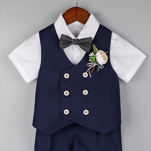 Baby Boy Wedding Outfit Navy Blue 4 pieces : Shirt Vest Shorts and Bow Tie