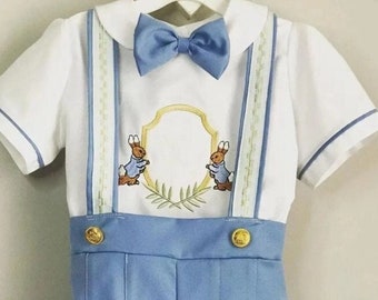 Baby Boy Vintage Spanish Style Outfit Rabbit Embroidery Velvet Sky Blue Gold and White Romper and Bow Tie  3 months to 6 years old