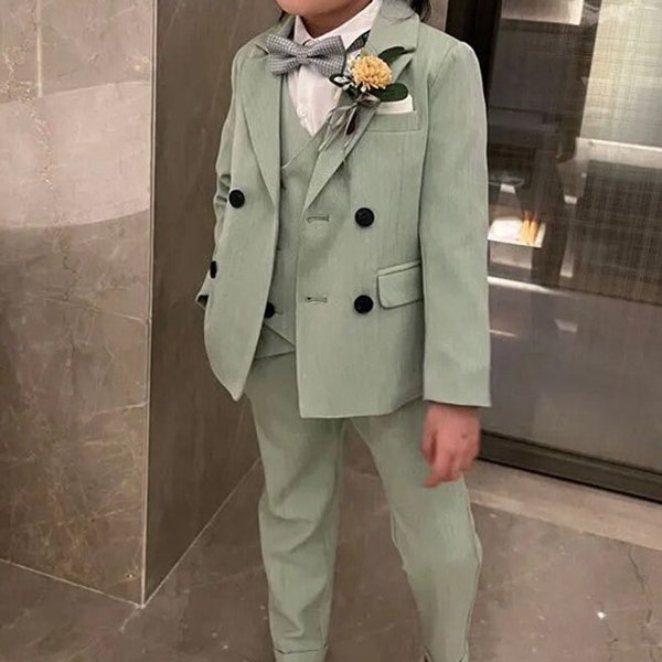 Toddler Boy Wedding Outfit Sage Green 24 months to 10 Years Old 3 to 4 Pieces Set: Trousers ,Vest, Blazer, and  Bow Tie