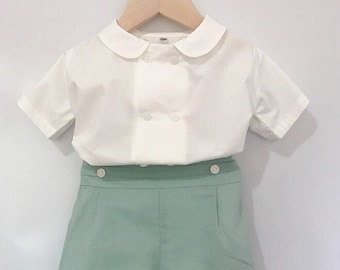 Pagina jongensoutfit Traditionele vintage Spaanse stijl 12 maanden tot 5 jaar oud 2-delige set: wit overhemd en groene korte broek