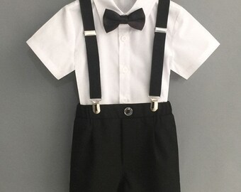 Baby Boy Wedding Outfit 4 Pieces Black Shorts Shirt Bow Tie and Suspenders 12 months to 12 years old