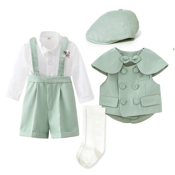 Baby Boy Vintage Spanish Style Formal Outfit Sage Green 9 months to 4 years old with different sets Shirt Shawl Beret Hat Vest Shorts Socks