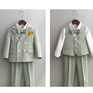 Baby Boy Wedding Outfit Sage Green 12 months to 12 Years Old Clothes Sets Vest Trousers Blazer Coat Shirt and  Bow Tie