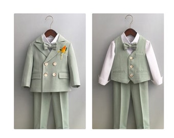 Baby Boy Wedding Outfit Sage Green 12 months to 12 Years Old Clothes Sets Vest Trousers Blazer Coat Shirt and  Bow Tie