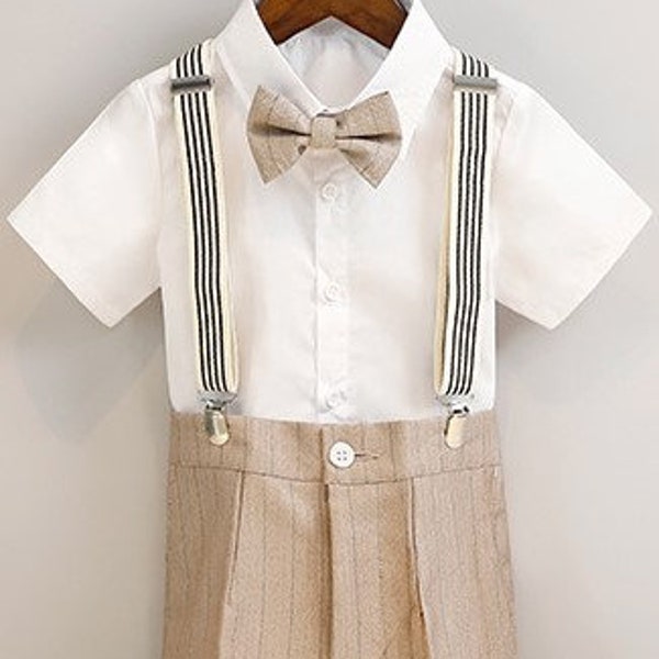 Baby Boy Formal Outfit Plaid Beige Taupe 12 months to 12 years old 4 Set including Shorts Shirt Strap Bow Tie