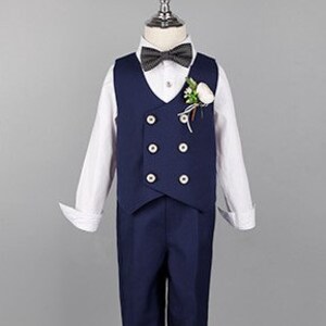 Baby Boy Wedding Outfit Navy Blue 4 pieces : Long Sleeve Shirt Vest Trousers and Bow Tie 12 months to 6 years old image 2