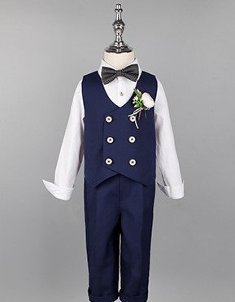 Baby Boy Wedding Outfit Navy Blue 4 pieces : Long Sleeve Shirt Vest Trousers and Bow Tie 12 months to 6 years old image 2