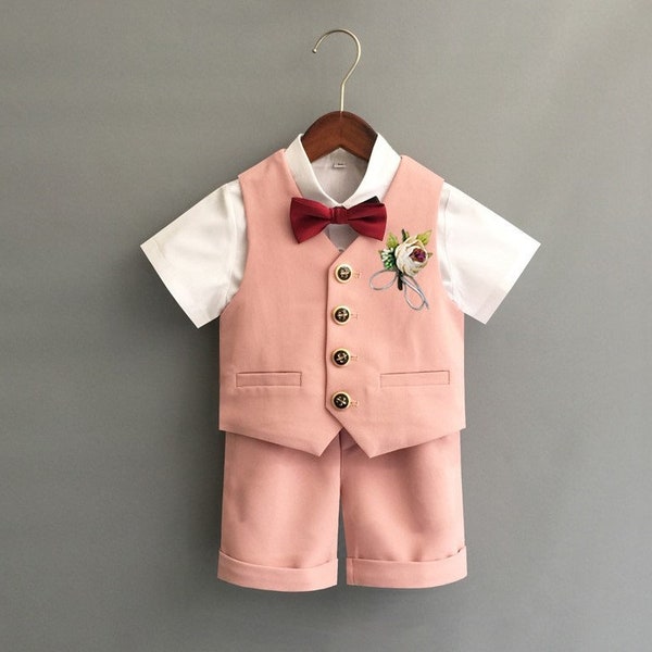 Baby Boy Wedding Outfit 4 Pcs Shirt Bow Tie Shorts Vest 12 months to 6 Years Old Rose Pink Outfit