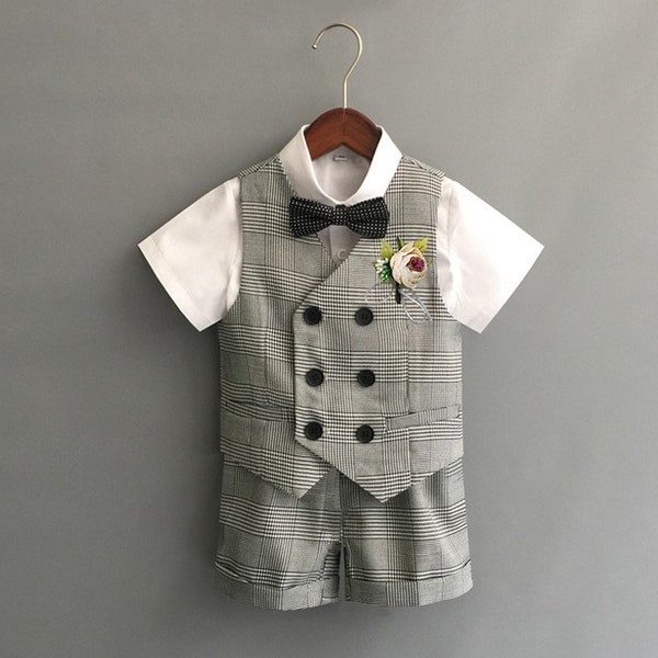 Baby Boy Wedding Outfit 4 Pcs Shirt Bow Tie Shorts Vest 12 months to 6 Years Old Plaid Grey Outfit