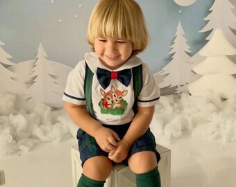 Baby Boy Christmas Outfit 12 months to 6  years old Dark Green Checked Shorts and Suspenders Deer Embroidery White Shirt