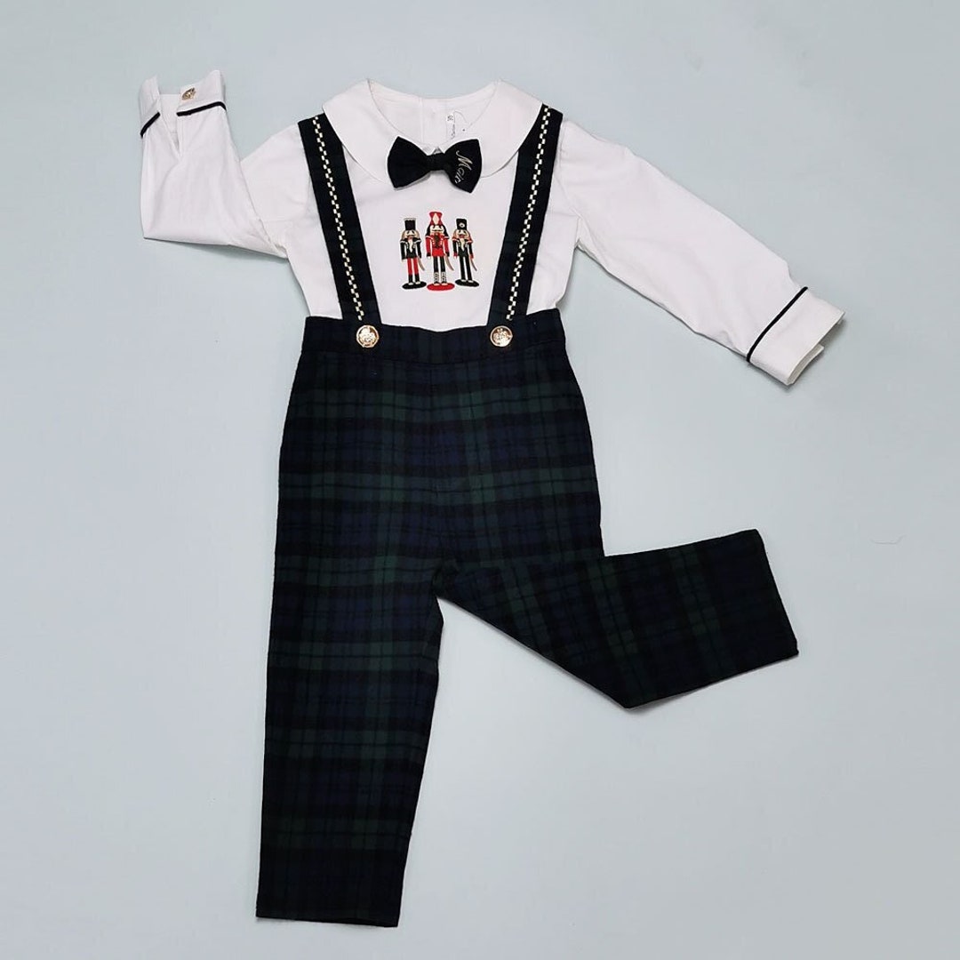 Baby Boy Christmas Outfit Spanish Vintage Style Green Tartan Trousers