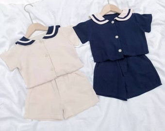 Baby Boy Sailor Outfit Vintage Navy Blue or Beige 2PCs 2 Year Old to 6 Years Old