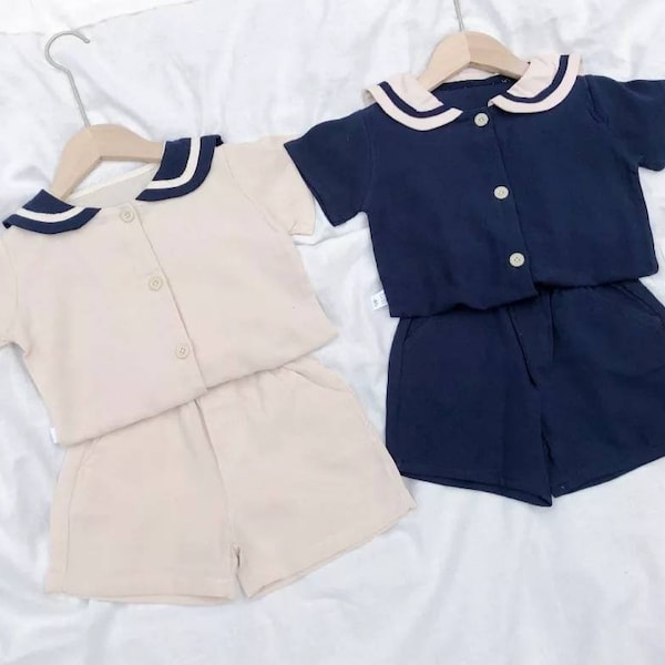 Baby Jungen Matrosen Outfit Vintage Marineblau oder Beige 2 Stück 2 Jahre alt bis 6 Jahre alt