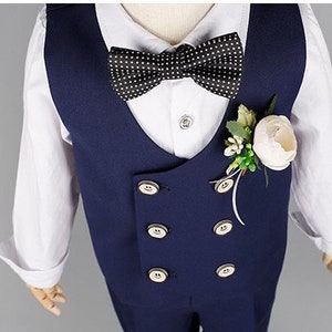 Baby Boy Wedding Outfit Navy Blue 4 pieces : Long Sleeve Shirt Vest Trousers and Bow Tie 12 months to 6 years old image 3