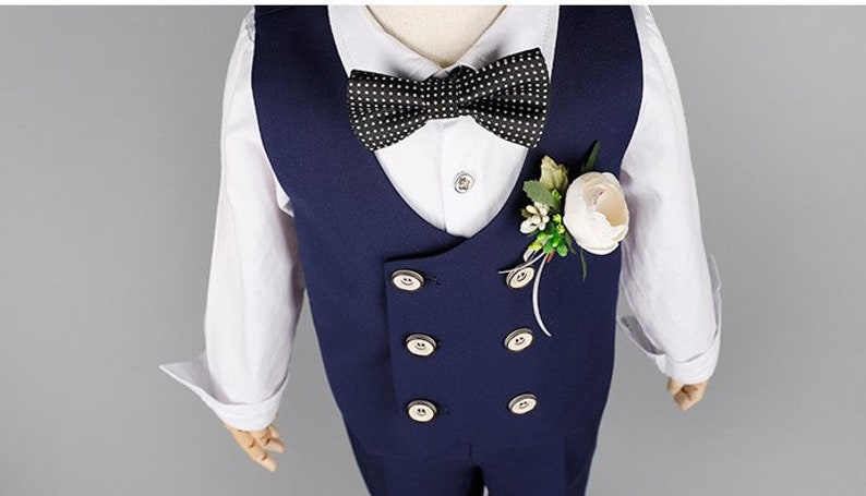 Baby Boy Wedding Outfit Navy Blue 4 pieces : Long Sleeve Shirt Vest Trousers and Bow Tie 12 months to 6 years old image 3