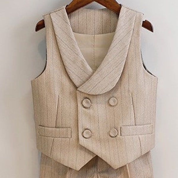 Baby Boy Formal Outfit Plaid Beige Taupe 12 months to 12 years old 3 Set including Shorts Bow Tie and Vest