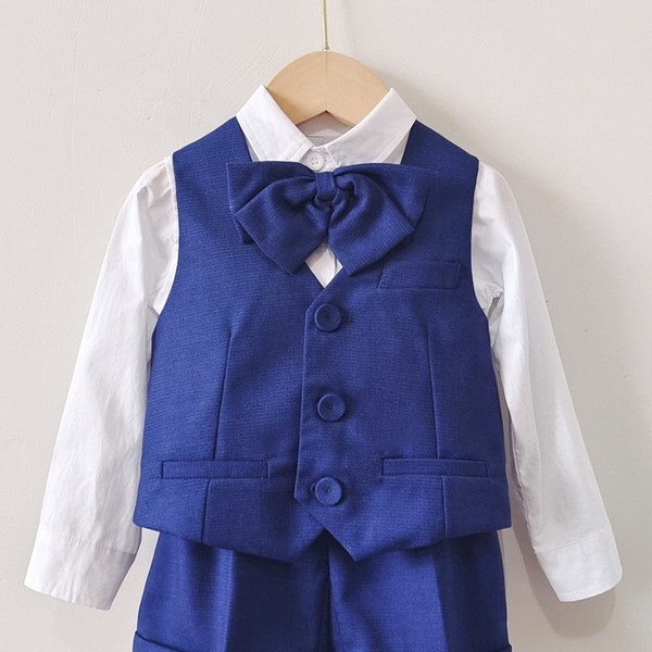 Baby Boy Wedding Outfit Navy Blue 9 months to 4 years old Shorts Vest Suspenders Shirt and Bow Tie