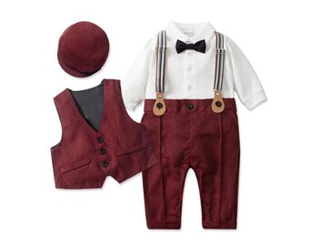 Newborn Baby Boy Peaky Blinders Outfit with Flat Cap, Romper, Vest and Suspenders Red Maroon 3 months to 3 years old