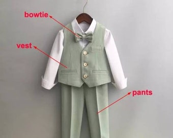 Ensemble 3 pièces gilet, pantalon et noeud papillon pour bébé garçon, vert sauge 12 mois à 12 ans