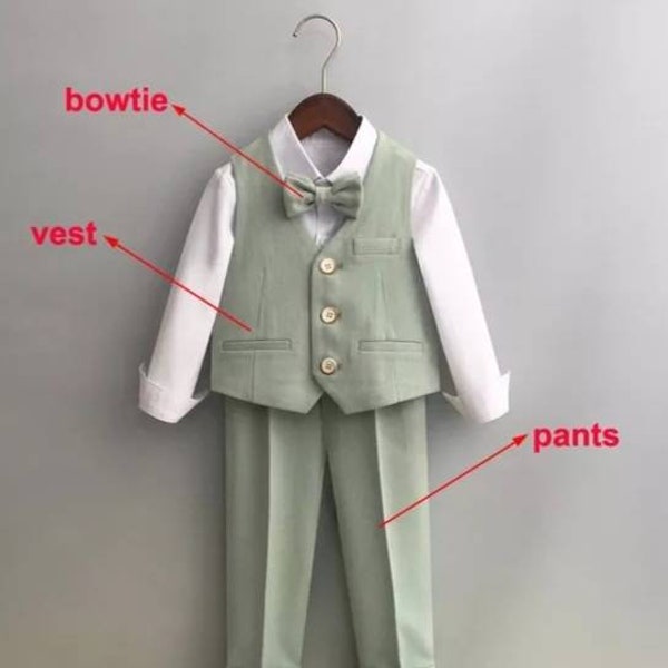 Baby Boy Wedding Outfit Sage Green 12 months to 12 Years Old 3 Pieces Set Vest Pants and Bow Tie