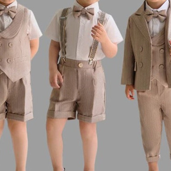 Ensemble de mariage pour bébé garçon rayé kaki 12 mois à 12 ans Différents ensembles : chemise pantalon short gilet blazer veste bretelles et noeud papillon