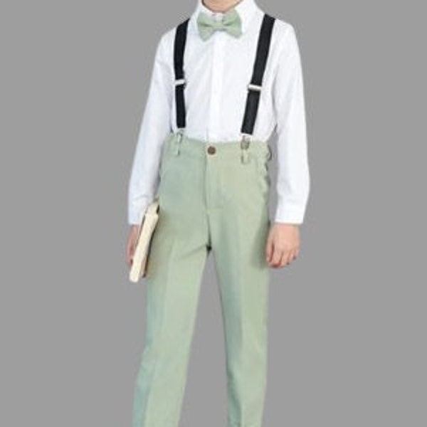 Boy Wedding Outfit Sage Green 3 years old to 15 Years Old 4 Pieces Set: Shirt, Trousers ,Braces and  Bow Tie