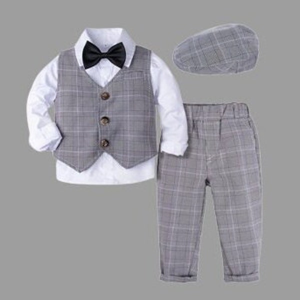 Baby Boy Peaky Blinders Boy Outfit  Plaid Grey 12 months to 5 years old Long Sleeve Shirt Trousers Vest Flat Cap
