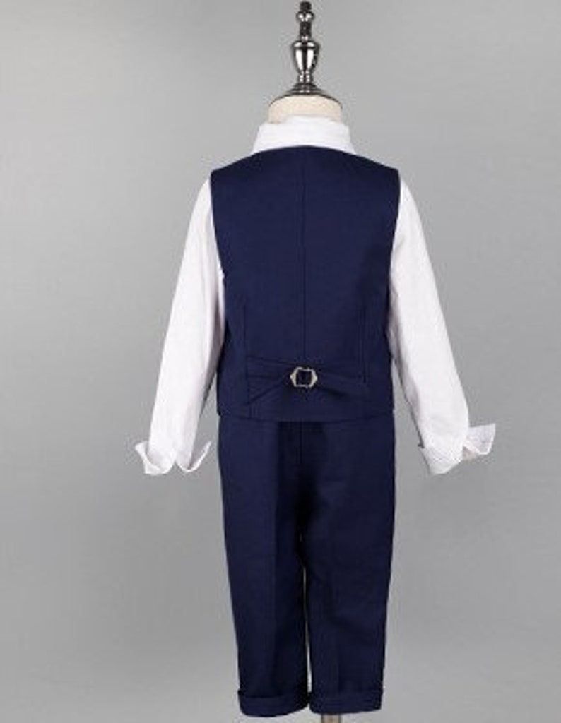 Baby Boy Wedding Outfit Navy Blue 4 pieces : Long Sleeve Shirt Vest Trousers and Bow Tie 12 months to 6 years old image 4