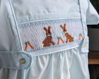 Baby Boy Vintage Spanish Style Rabbit Embroidery Smocked Outfit Sky Blue Romper 3 months to 6 years old