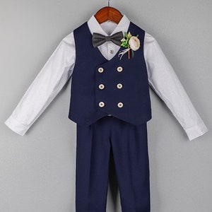 Baby Boy Wedding Outfit Navy Blue 4 pieces : Long Sleeve Shirt Vest Trousers and Bow Tie 12 months to 6 years old image 1